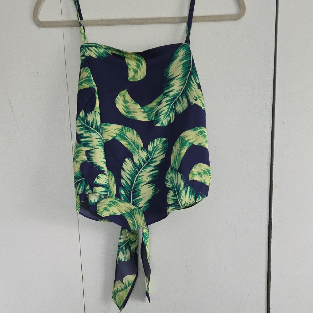 A. Byer Navy and Green Leaf Print Camisole Spaghetti Strap Tank